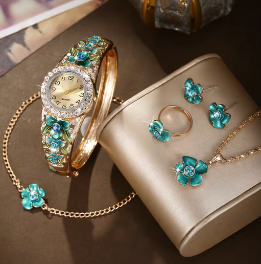 Jacinta Luxury Women Set -  3D Flower Women's Alloy Jewelry Bracelet Watch