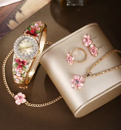 Jacinta Luxury Women Set -  3D Flower Women's Alloy Jewelry Bracelet Watch
