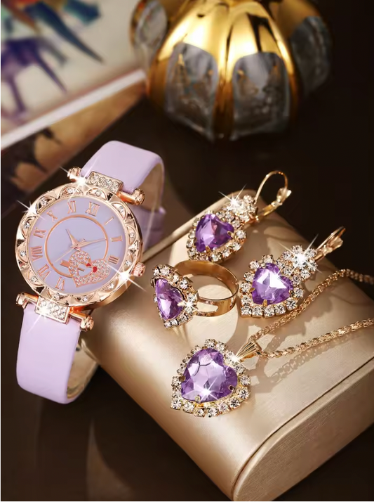 Etta Luxury Set -  Love Set Diamond Dial Fashion Versatile Alloy Case Pointer Leather Watch