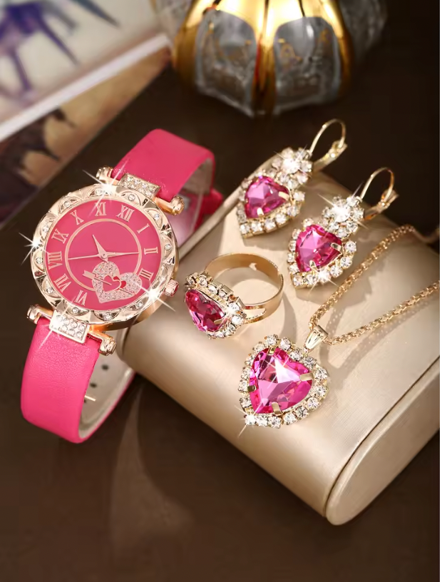 Etta Luxury Set -  Love Set Diamond Dial Fashion Versatile Alloy Case Pointer Leather Watch