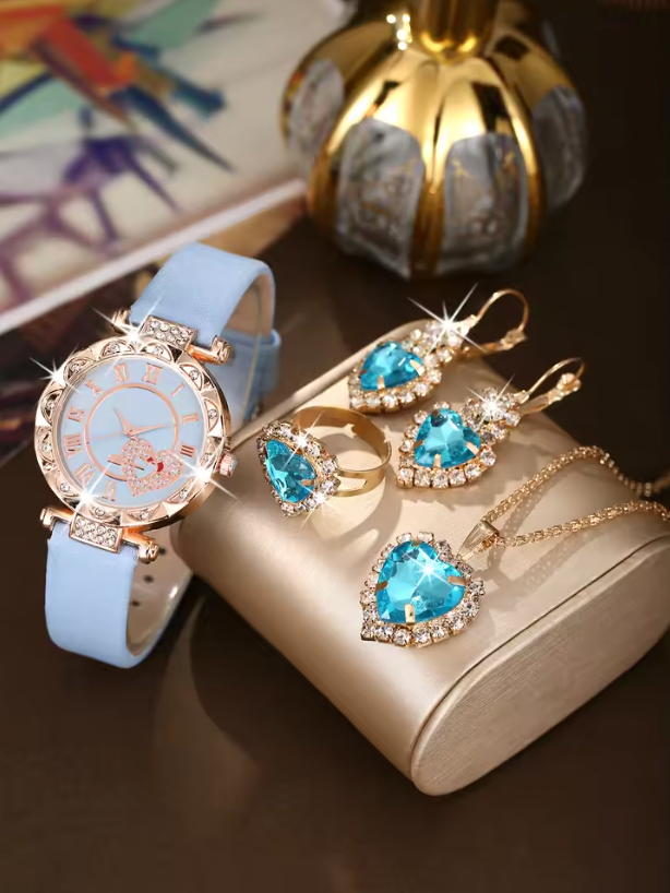 Etta Luxury Set -  Love Set Diamond Dial Fashion Versatile Alloy Case Pointer Leather Watch