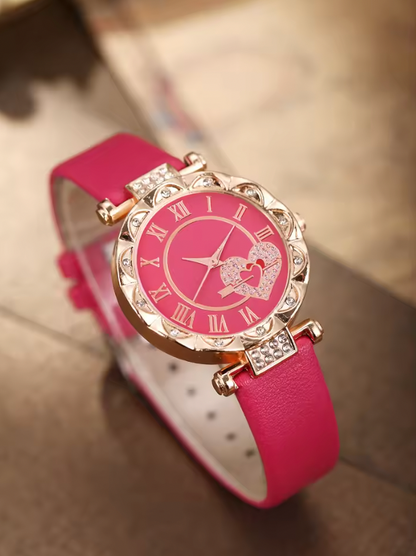 Etta Luxury Set -  Love Set Diamond Dial Fashion Versatile Alloy Case Pointer Leather Watch