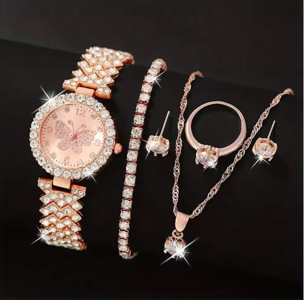 Eliza 18K Yellow Gold - Rose Gold Luxury Watch Women Ring Necklace Earring Rhinestone Fashion Wristwatch Casual Ladies Watches