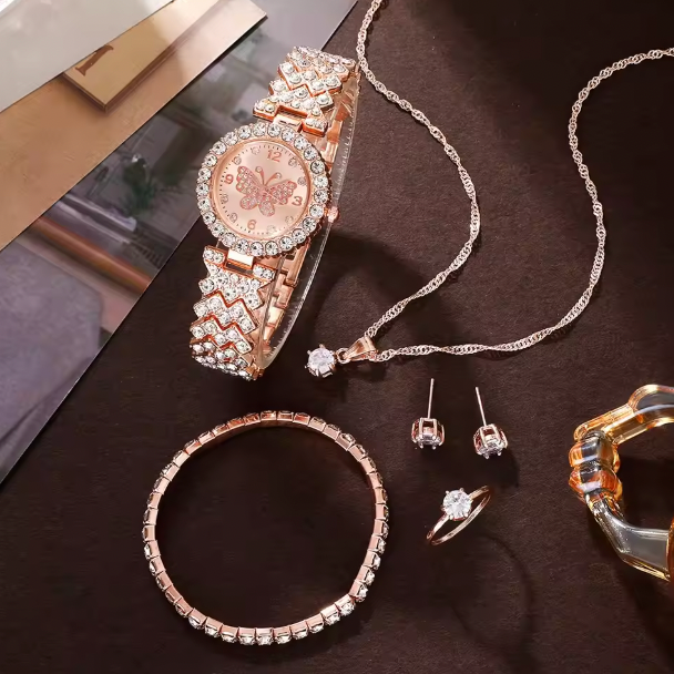 Eliza 18K Yellow Gold - Rose Gold Luxury Watch Women Ring Necklace Earring Rhinestone Fashion Wristwatch Casual Ladies Watches