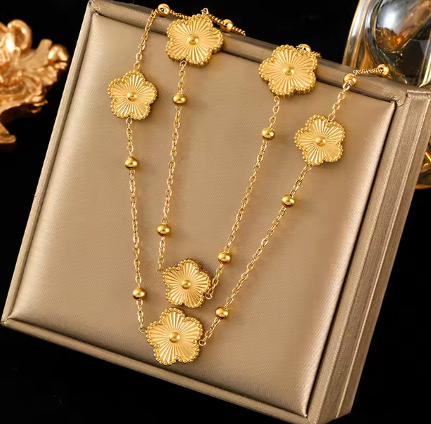 Van Clover Layered Necklaces - Gold Color Flower Five-Leaf Clover Necklace For Women