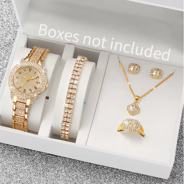 Lenka Luxury Jewelry Set - 6PCS Women's Watch Gold Steel Band Analog Quartz Watches Jewelry Set For Mom, For Lover, For Valentine Day (Without Box）