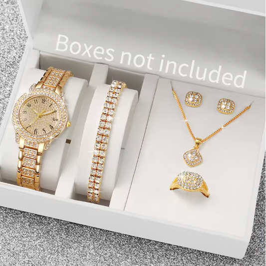 Lenka Luxury Jewelry Set - 6PCS Women's Watch Gold Steel Band Analog Quartz Watches Jewelry Set For Mom, For Lover, For Valentine Day (Without Box）
