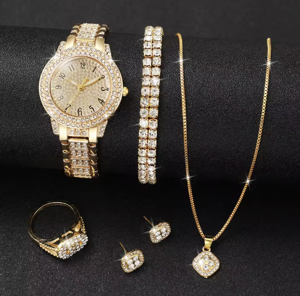 Lenka Luxury Jewelry Set - 6PCS Women's Watch Gold Steel Band Analog Quartz Watches Jewelry Set For Mom, For Lover, For Valentine Day (Without Box）