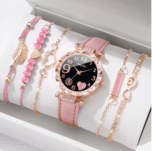 Tiara Luxury Jewelry Set - 6PCS/Set Fashion Heart Dial Women's Watch Casual Leather Band Analog Quartz Watch Leaf Bracelets Set (Without Box）