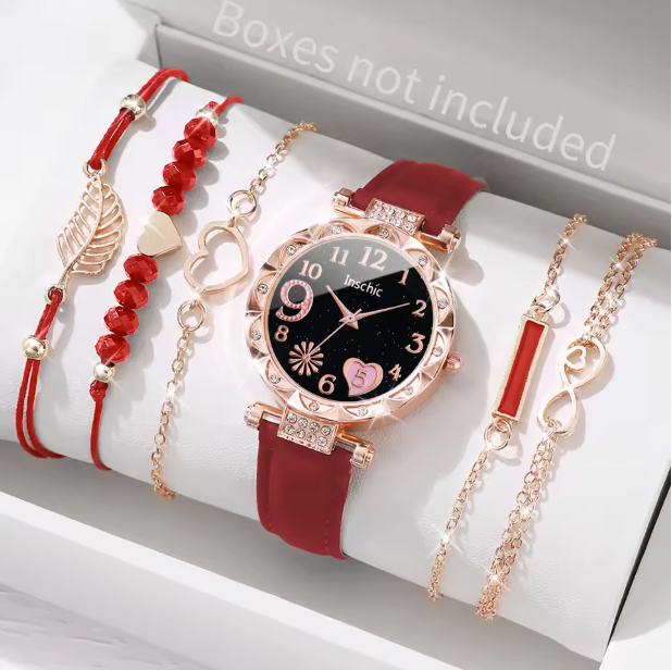 Tiara Luxury Jewelry Set - 6PCS/Set Fashion Heart Dial Women's Watch Casual Leather Band Analog Quartz Watch Leaf Bracelets Set (Without Box）