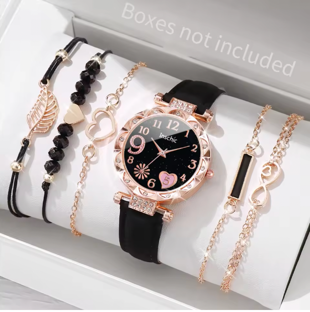 Tiara Luxury Jewelry Set - 6PCS/Set Fashion Heart Dial Women's Watch Casual Leather Band Analog Quartz Watch Leaf Bracelets Set (Without Box）