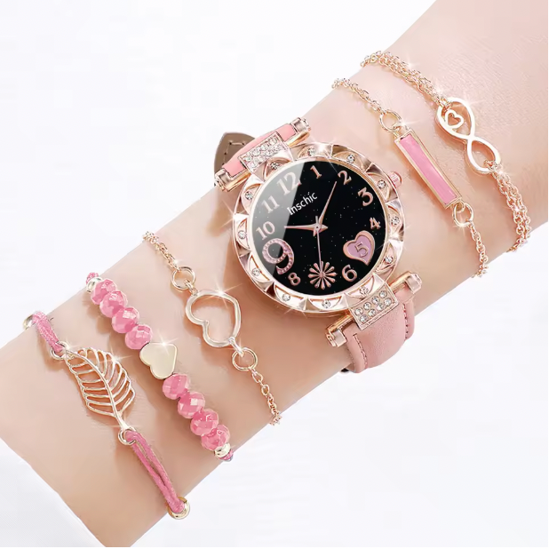 Tiara Luxury Jewelry Set - 6PCS/Set Fashion Heart Dial Women's Watch Casual Leather Band Analog Quartz Watch Leaf Bracelets Set (Without Box）