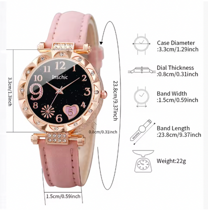 Tiara Luxury Jewelry Set - 6PCS/Set Fashion Heart Dial Women's Watch Casual Leather Band Analog Quartz Watch Leaf Bracelets Set (Without Box）