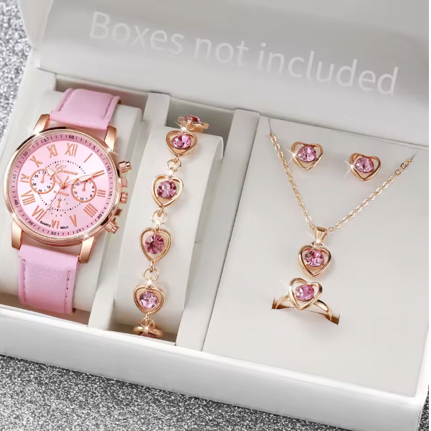 Tienneys Luxury Jewelry Set - 5PCS/Set Fashion Women Watch Rhinestone Heart Jewelry Set Geneva Watch Casual Leather Band Quartz Wristwatch (Without Box）