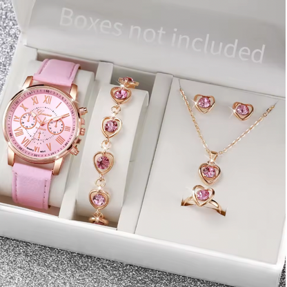 Tienneys Luxury Jewelry Set - 5PCS/Set Fashion Women Watch Rhinestone Heart Jewelry Set Geneva Watch Casual Leather Band Quartz Wristwatch (Without Box）