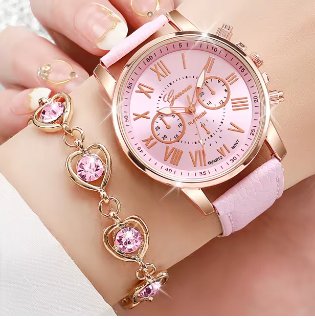 Tienneys Luxury Jewelry Set - 5PCS/Set Fashion Women Watch Rhinestone Heart Jewelry Set Geneva Watch Casual Leather Band Quartz Wristwatch (Without Box）