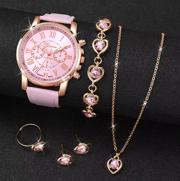 Tienneys Luxury Jewelry Set - 5PCS/Set Fashion Women Watch Rhinestone Heart Jewelry Set Geneva Watch Casual Leather Band Quartz Wristwatch (Without Box）