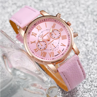 Tienneys Luxury Jewelry Set - 5PCS/Set Fashion Women Watch Rhinestone Heart Jewelry Set Geneva Watch Casual Leather Band Quartz Wristwatch (Without Box）