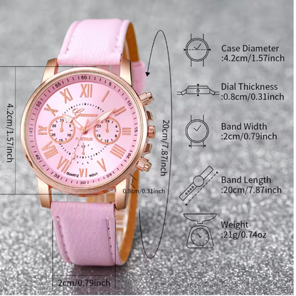 Tienneys Luxury Jewelry Set - 5PCS/Set Fashion Women Watch Rhinestone Heart Jewelry Set Geneva Watch Casual Leather Band Quartz Wristwatch (Without Box）