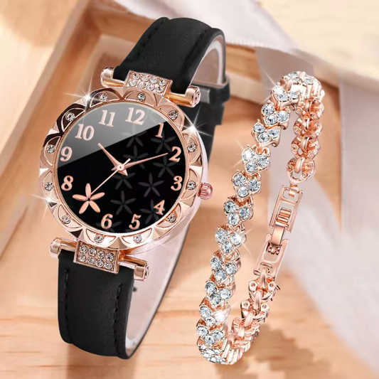 Blacki Luxury Jewelry Set - 2PCS/Set Women Watches Rhinestone Heart Bracelet Set Fashion Flower Dial Female Leather Band Quartz Wristwatch