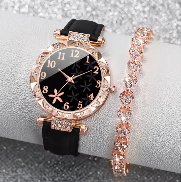 Blacki Luxury Jewelry Set - 2PCS/Set Women Watches Rhinestone Heart Bracelet Set Fashion Flower Dial Female Leather Band Quartz Wristwatch