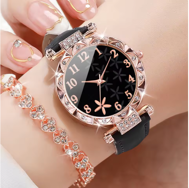 Blacki Luxury Jewelry Set - 2PCS/Set Women Watches Rhinestone Heart Bracelet Set Fashion Flower Dial Female Leather Band Quartz Wristwatch