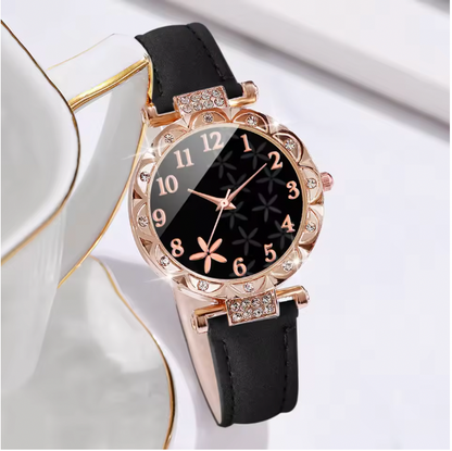 Blacki Luxury Jewelry Set - 2PCS/Set Women Watches Rhinestone Heart Bracelet Set Fashion Flower Dial Female Leather Band Quartz Wristwatch