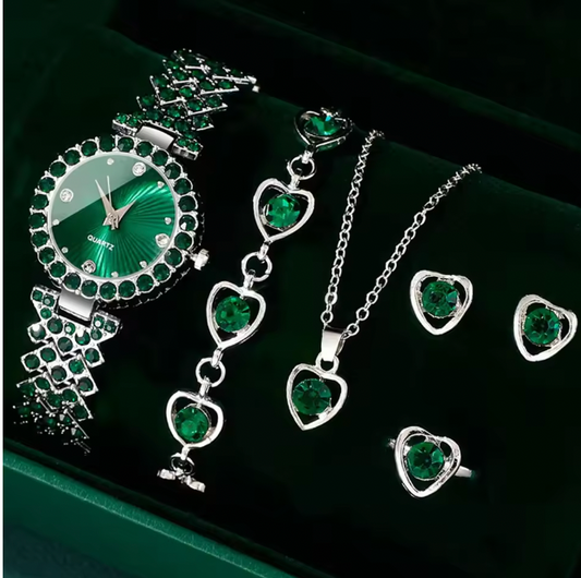 Emeraldie Luxury Set - Women Fashion Watches Heart Rhinestone Ring Necklace Earring Jewelry Set Luxury Dress Quartz WristWatch Simple Elegant Watch Gift