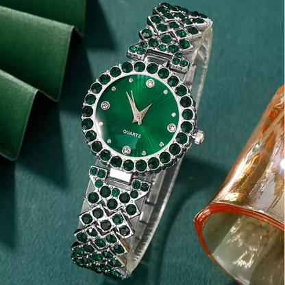 Emeraldie Luxury Set - Women Fashion Watches Heart Rhinestone Ring Necklace Earring Jewelry Set Luxury Dress Quartz WristWatch Simple Elegant Watch Gift