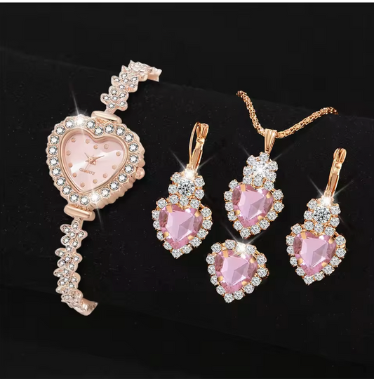 Rosy Love - 5PCS/Set Rose Gold Women Watch Heart Element Diamond Face Quartz Wristwatch Alloy Band Watch Heart Jewelry Set Gift For Girls