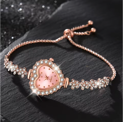 Rosy Love - 5PCS/Set Rose Gold Women Watch Heart Element Diamond Face Quartz Wristwatch Alloy Band Watch Heart Jewelry Set Gift For Girls