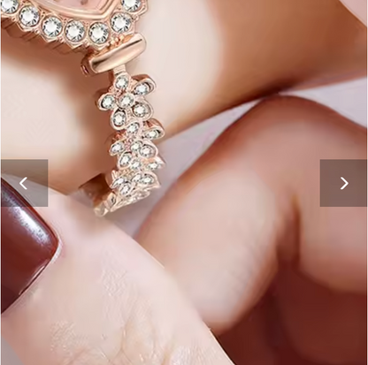 Rosy Love - 5PCS/Set Rose Gold Women Watch Heart Element Diamond Face Quartz Wristwatch Alloy Band Watch Heart Jewelry Set Gift For Girls