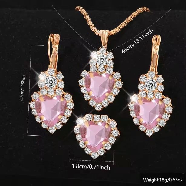 Rosy Love - 5PCS/Set Rose Gold Women Watch Heart Element Diamond Face Quartz Wristwatch Alloy Band Watch Heart Jewelry Set Gift For Girls