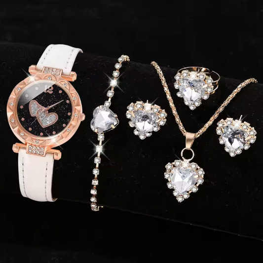 Lala Love - 6PCS/Set Women White Quartz Watch PU Strap Casual Quartz Wristwatch Heart Shaped Dial Watch Set Jewelry Set Gift For Her