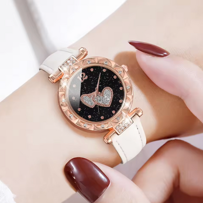 Lala Love - 6PCS/Set Women White Quartz Watch PU Strap Casual Quartz Wristwatch Heart Shaped Dial Watch Set Jewelry Set Gift For Her