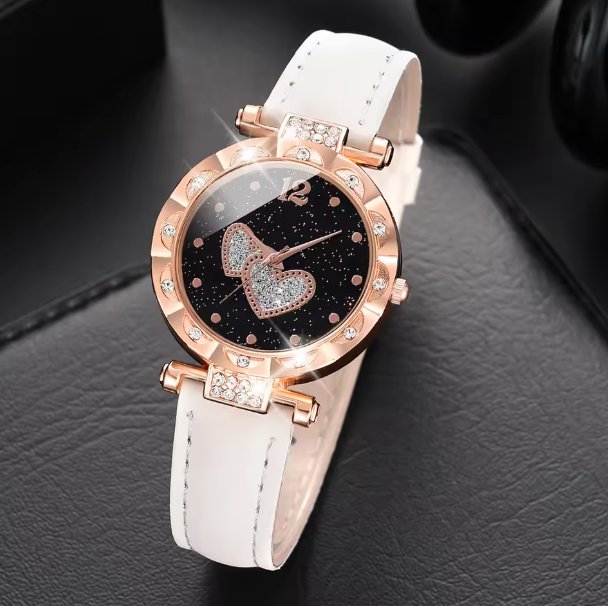 Lala Love - 6PCS/Set Women White Quartz Watch PU Strap Casual Quartz Wristwatch Heart Shaped Dial Watch Set Jewelry Set Gift For Her