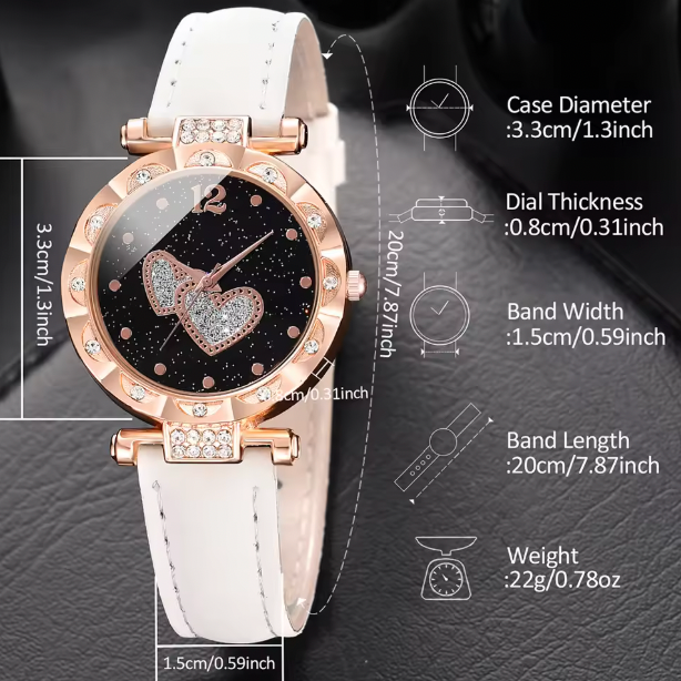 Lala Love - 6PCS/Set Women White Quartz Watch PU Strap Casual Quartz Wristwatch Heart Shaped Dial Watch Set Jewelry Set Gift For Her