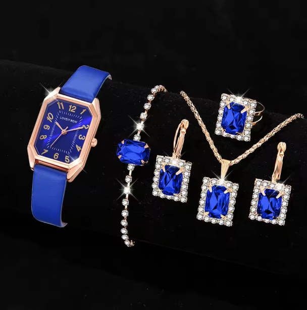 Blue Lapis Love - 6PCS/Set Blue Women Watch Fashionable Rectangular Dial Quartz Wristwatch PU Leather Strap Watch Square Jewelry Set Gift For Mom