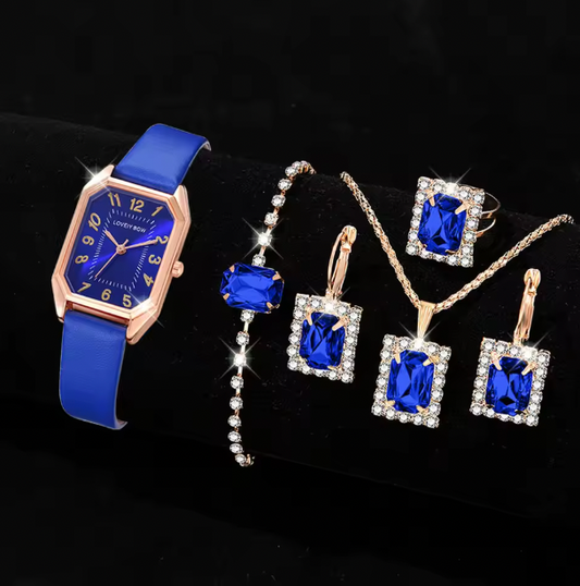 Blue Lapis Love - 6PCS/Set Blue Women Watch Fashionable Rectangular Dial Quartz Wristwatch PU Leather Strap Watch Square Jewelry Set Gift For Mom
