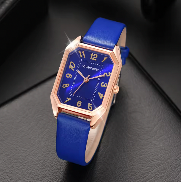 Blue Lapis Love - 6PCS/Set Blue Women Watch Fashionable Rectangular Dial Quartz Wristwatch PU Leather Strap Watch Square Jewelry Set Gift For Mom