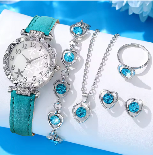 Sky Blue Heart - 6pcs Women's Casual Quartz Watch Strap With Digital Scale, Starfish Pattern, Green And Alloy Colored Diamonds, Heart-shaped Bracelet