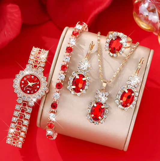Eterna Luxe - 6pcs Ladies' Elegant Quartz Watch, Bracelet, Necklace Earrrings & Ring for Women