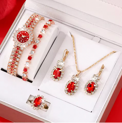 Eterna Luxe - 6pcs Ladies' Elegant Quartz Watch, Bracelet, Necklace Earrrings & Ring for Women