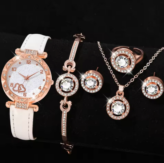 Aurora Elegance -  6PCS/Set Fashionable Rhinestone Quartz Wristwatch With Jewelry Set Gift For Girls