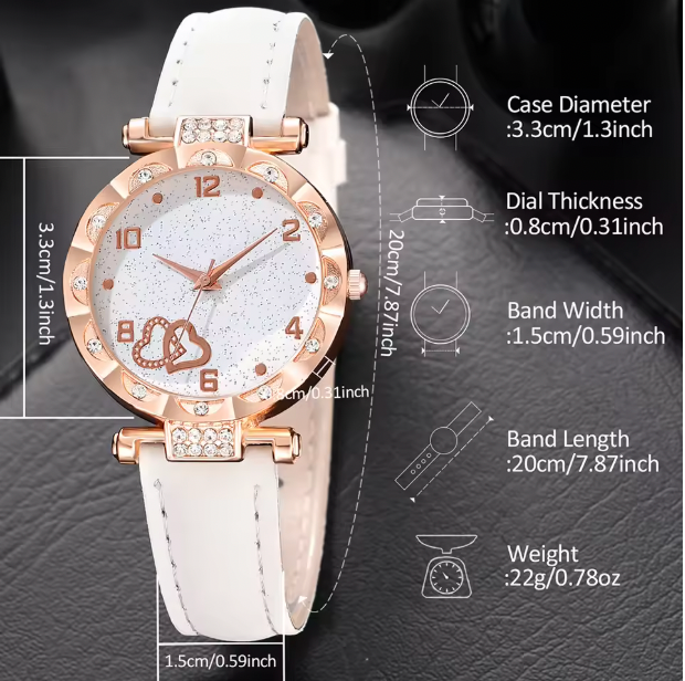 Aurora Elegance -  6PCS/Set Fashionable Rhinestone Quartz Wristwatch With Jewelry Set Gift For Girls