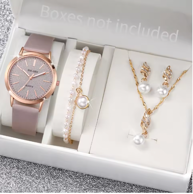 Twilight Treasures - 4PCS/Set Fashion Starry Sky Dial Women Watches Casual Leather Band Quartz Wrist Watch Pearls Jewelry Set (Without Box）