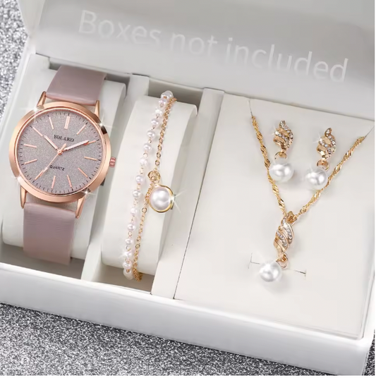 Twilight Treasures - 4PCS/Set Fashion Starry Sky Dial Women Watches Casual Leather Band Quartz Wrist Watch Pearls Jewelry Set (Without Box）