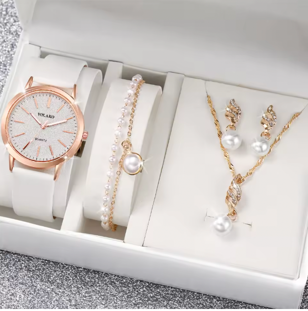Twilight Treasures - 4PCS/Set Fashion Starry Sky Dial Women Watches Casual Leather Band Quartz Wrist Watch Pearls Jewelry Set (Without Box）