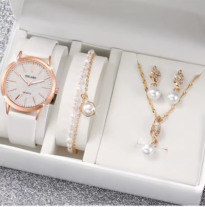 Twilight Treasures - 4PCS/Set Fashion Starry Sky Dial Women Watches Casual Leather Band Quartz Wrist Watch Pearls Jewelry Set (Without Box）