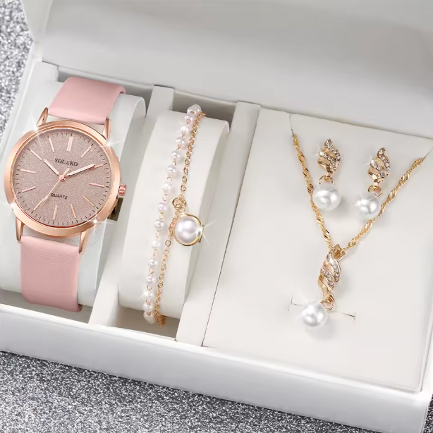Twilight Treasures - 4PCS/Set Fashion Starry Sky Dial Women Watches Casual Leather Band Quartz Wrist Watch Pearls Jewelry Set (Without Box）